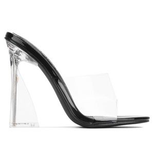 π Cape Robbin Clear Asymmetrical Block Heels - Patent Black